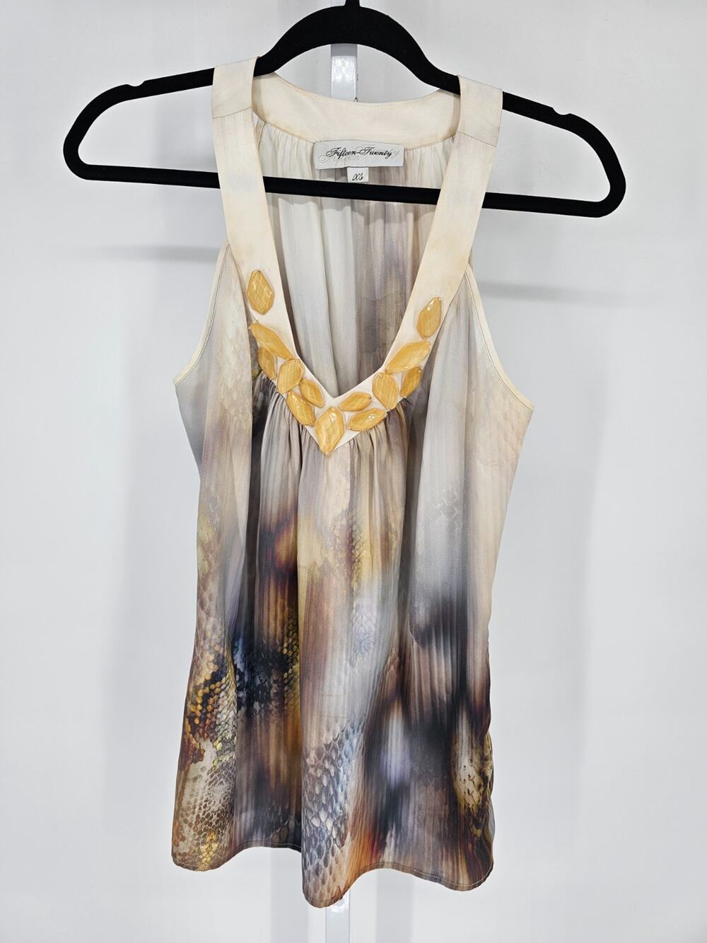Fifteen-Twenty Womens Sz XS Tunic Length Satin Top Beaded Neck Yellow Gray Y2K